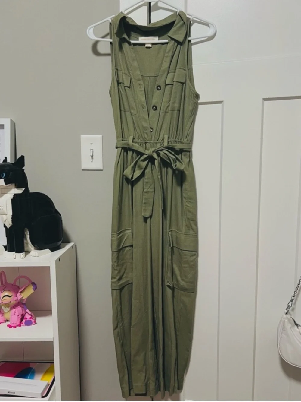 Monteau Olive Green Sleeveless Utility Maxi Romper with Tie Waist - Picture 1 of 5